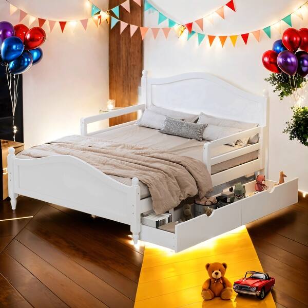 slide 2 of 26, Kid Bed Frame Full Size Platform Bed with Guardrails and Two Drawers White