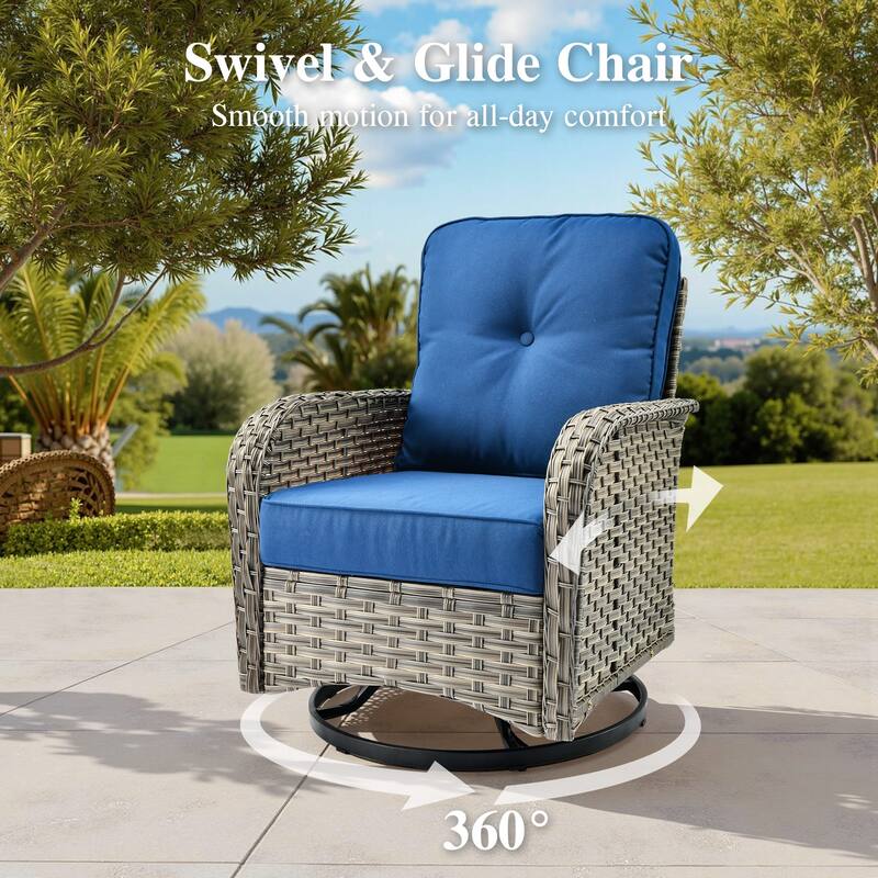 OVIOS 9 Pieces Swivel Chair Set Wide Arm T shaped Seat With Solar-Powered Coffee Table