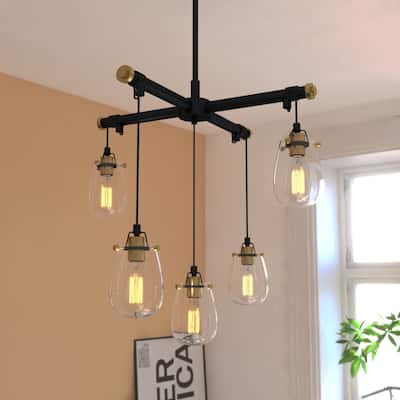 Kassidy 5-Light Industrial Black and Brass Chandelier with Teardrop Glass - 26.5-in W x 16-in H x 26.5-in D