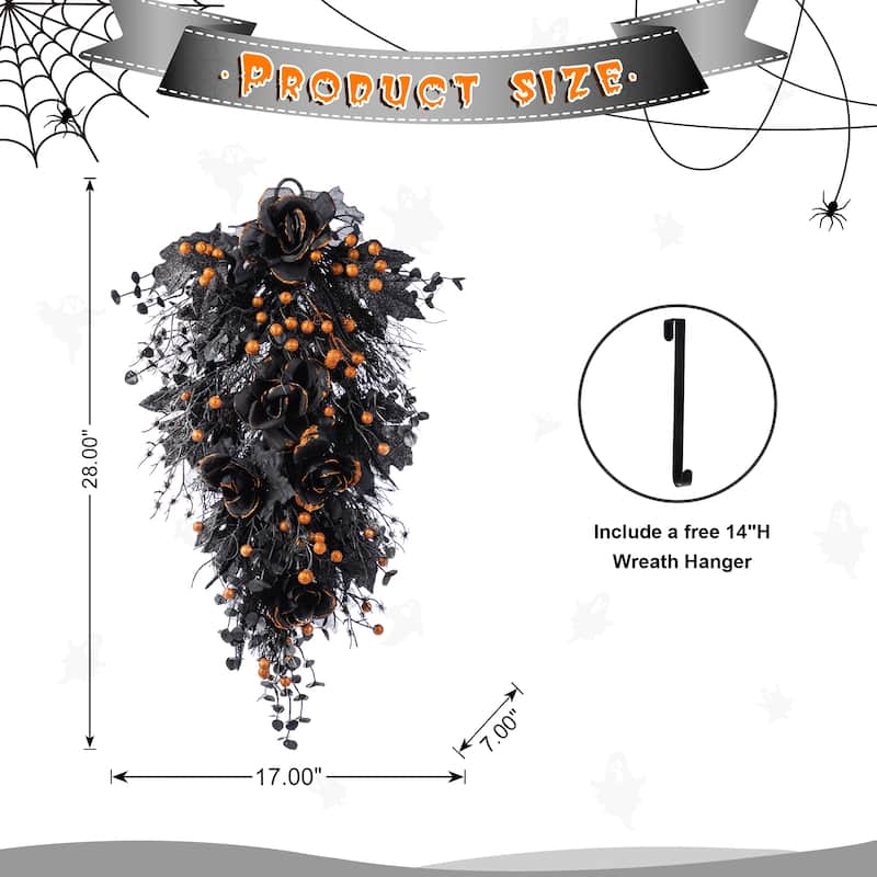 Glitzhome Halloween Black Rose Skeleton & Berry Wreath or Swag with Metal Wreath Hanger