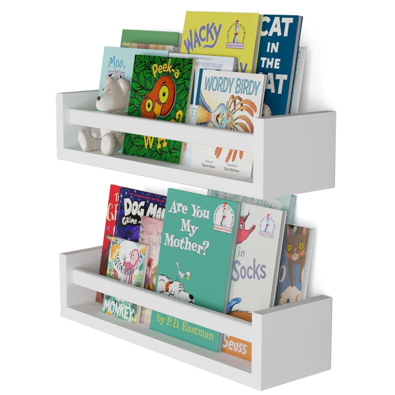 Wallniture Elba Wall Mounted Kids Shelves Nursery Storage Toy Organizer Wood Bookshelf, Set of 2