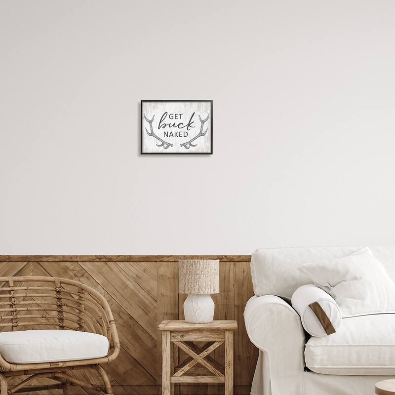 Stupell Get Buck Naked Witty Rustic Animal Antlers Framed Wall Art, Design by Lettered and Lined - Off-White