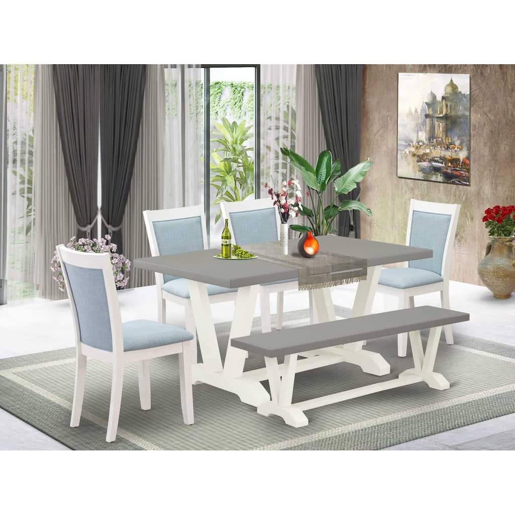 HomeStock 6-Piece Rectangle Wire Brushed Linen White Finish Solid Wood Top Dining Table with 1-Bench, 4-Chairs
