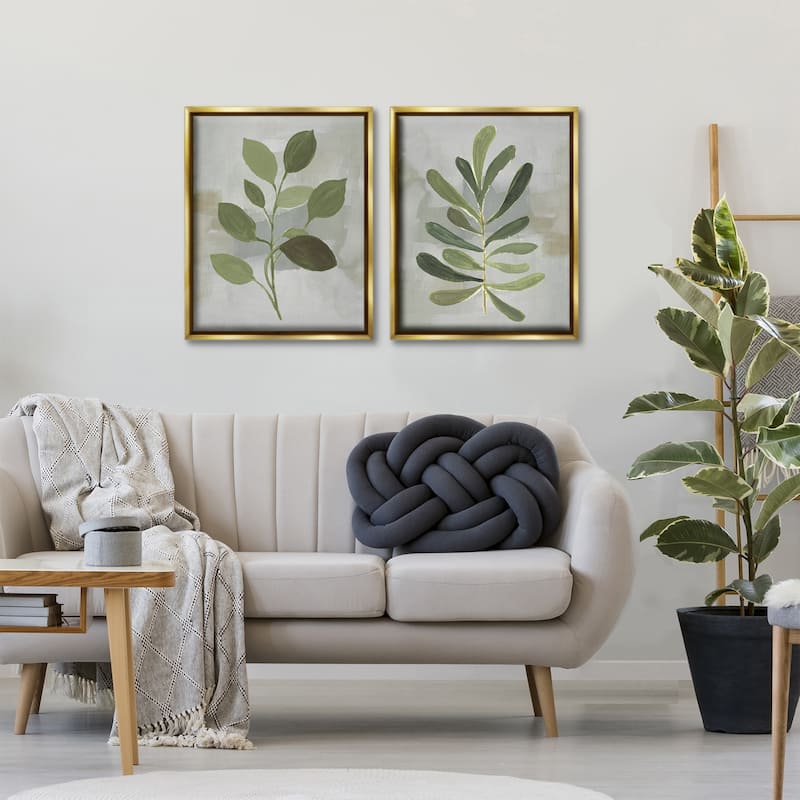 Stupell Green Leaf Branches on Grey Framed Floater Canvas Wall Art Design By Lanie Loreth (Set of 2)