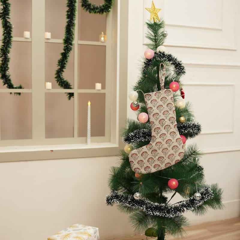 Fabdivine Hand Block Floral Print Christmas Knit Stockings, Home Decorative Gift Use - 16"X6.5"