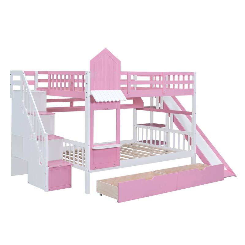 Castle Style Twin/Full Bunk Bed with Slide, 2 Drawers, 3 Shelves, and Playhouse Design