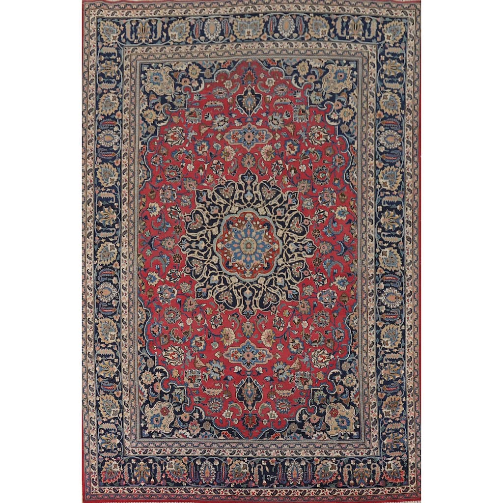 Signed Mashad Vintage Persian Area Rug Handmade Wool Carpet - 8'3" x 11'3"