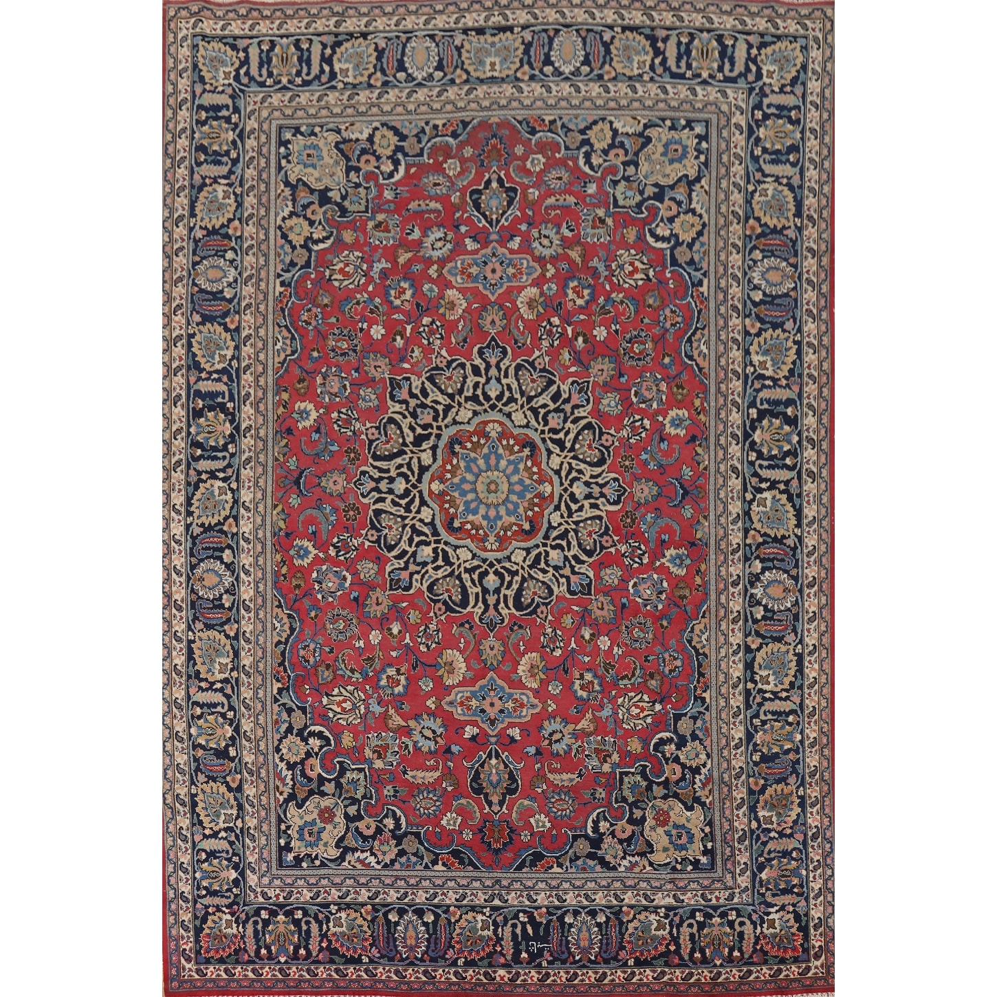 Signed Mashad Vintage Persian Area Rug Handmade Wool Carpet - 8'3" x 11'3"