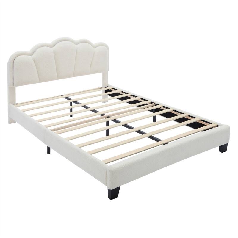 Upholstered Platform Bed with Flower-Shaped Headboard & LED Light Strip, Twin/Full Size Sherpa Fabric Bed Frame w/ Slats Support