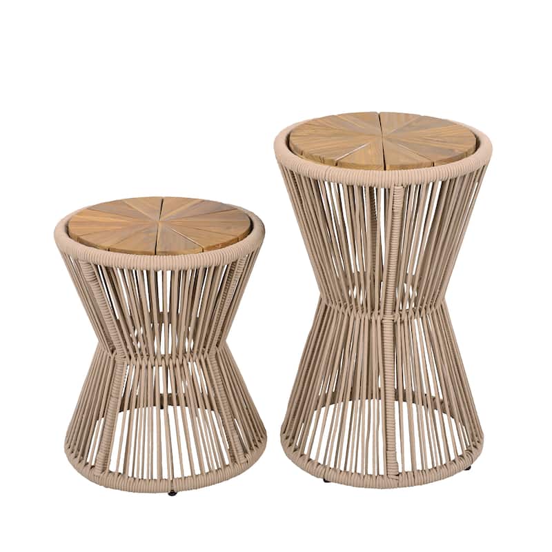 Scott Living - Nara Modern Outdoor Acacia Wood and Woven Rope Sculptural Side Table, Set of 2 - 32.28"L