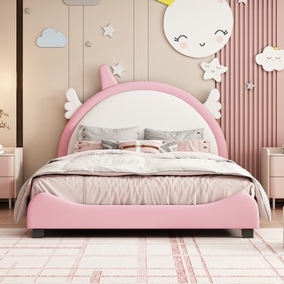 Unicorn Shape Headboard Platform Bed Frame with Small Wings, PU Upholstered Panel Bed, Wood Low Profile Bed for Girls Kids