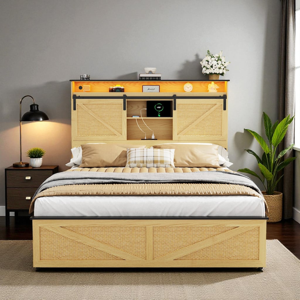 Farmhouse Full/Queen Bed Frame with Storage Headboard, Drawers, Charging Station and RGB LED Lights, MDF and Steel Platform Bed