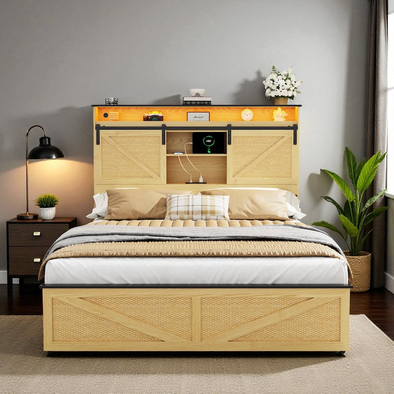 Farmhouse Full/Queen Bed Frame with Storage Headboard, Drawers, Charging Station and RGB LED Lights, MDF and Steel Platform Bed - Natural - Full