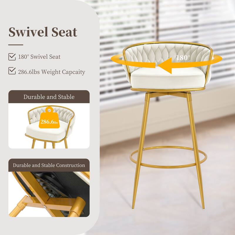 Velvet Swivel Bar Height Stools Set of 2, Counter Stools Dining Chairs with Hand-Woven Backrest & Footrest