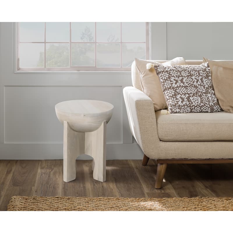 Tomas 20 Inch Side End Table, Mango Wood Drum Top, Classic Washed White