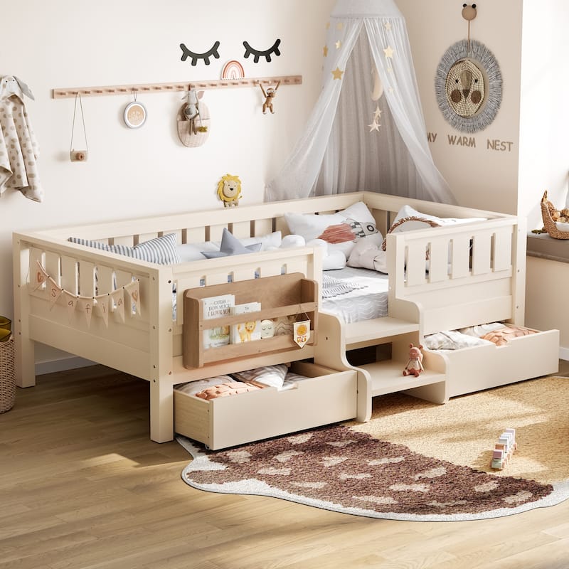 Full/Twin Loft Bed with Storage Drawers, Safety Staircase & Rails - Beige - Twin