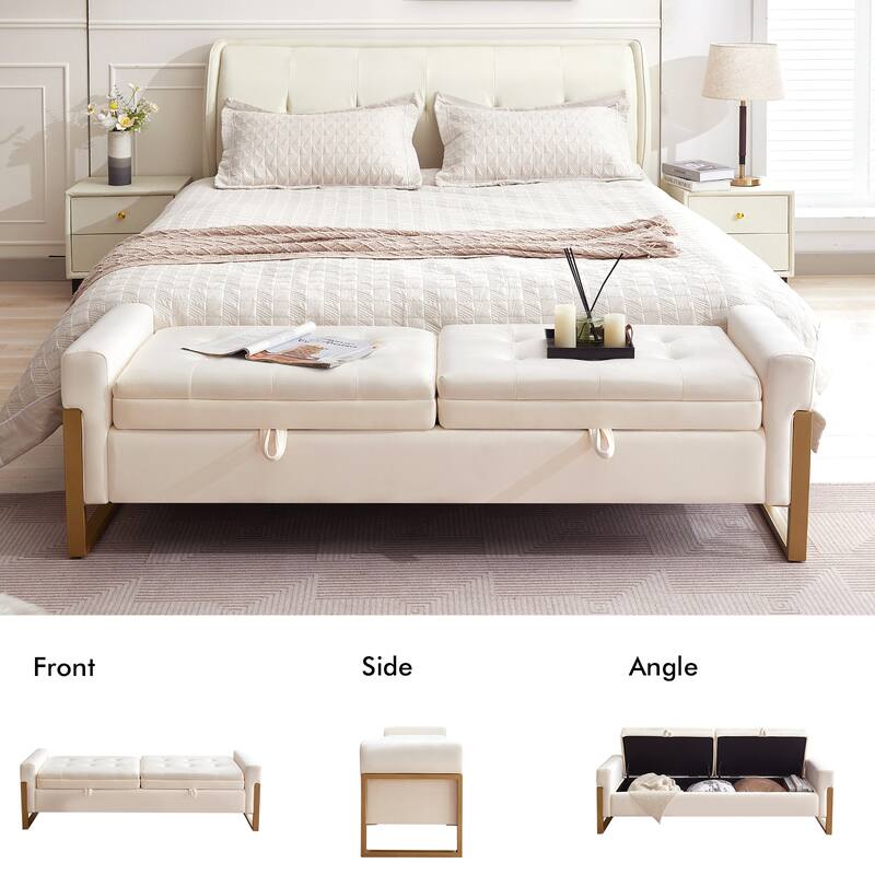 66" Storage Bench for Bedroom End of Bed with Double Lids and Gold Legs