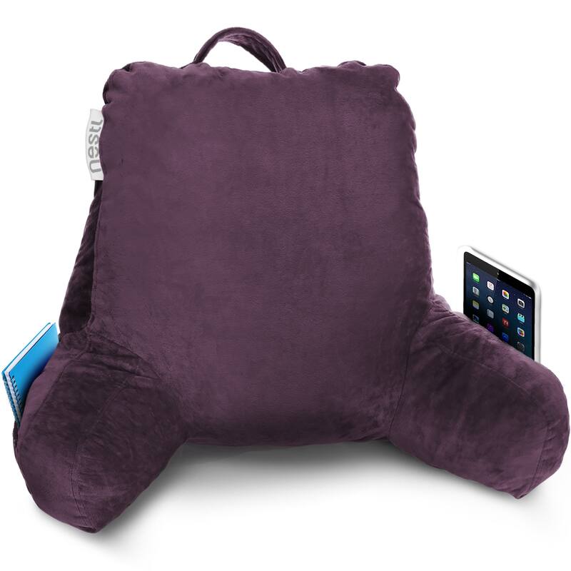 Nestl Memory Foam Reading Pillow with Backrest, Arms and Pockets - Medium - Purple Eggplant