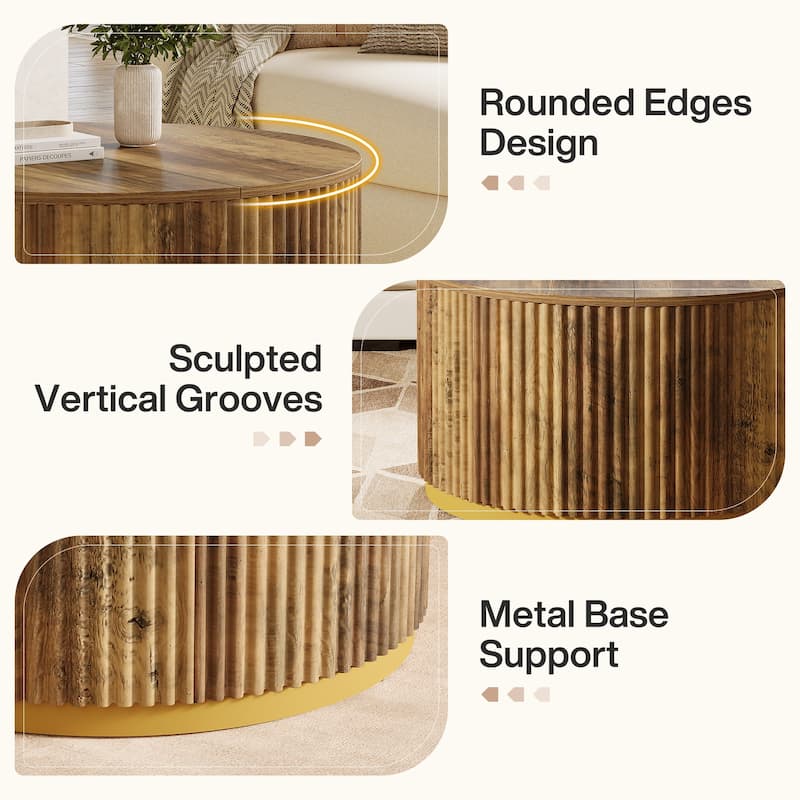 31.5" Round Coffee Table, Fluted Wooden Center Table