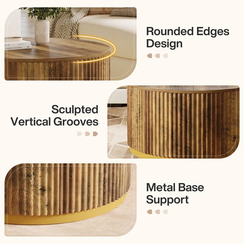 Round Coffee Table, Fluted Wooden Center Table, Mid Century Modern Table for Living Room or Office