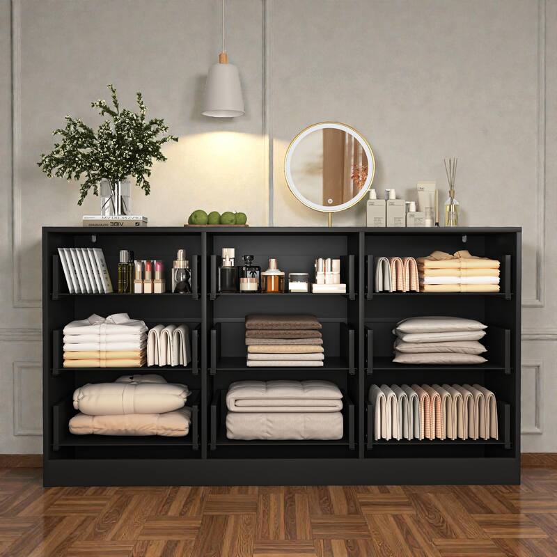 Modern 9 Drawer Dresser with Wavy Drawer Fronts, 63 Inch Wide Wooden Chest of Drawers for Bedroom Living Room