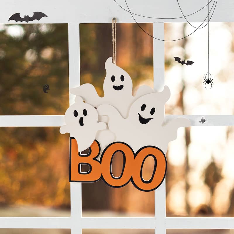 Glitzhome 14"H Halloween Wooden Ghost BOO or Jack O Lantern Door Hanger Wall Decor