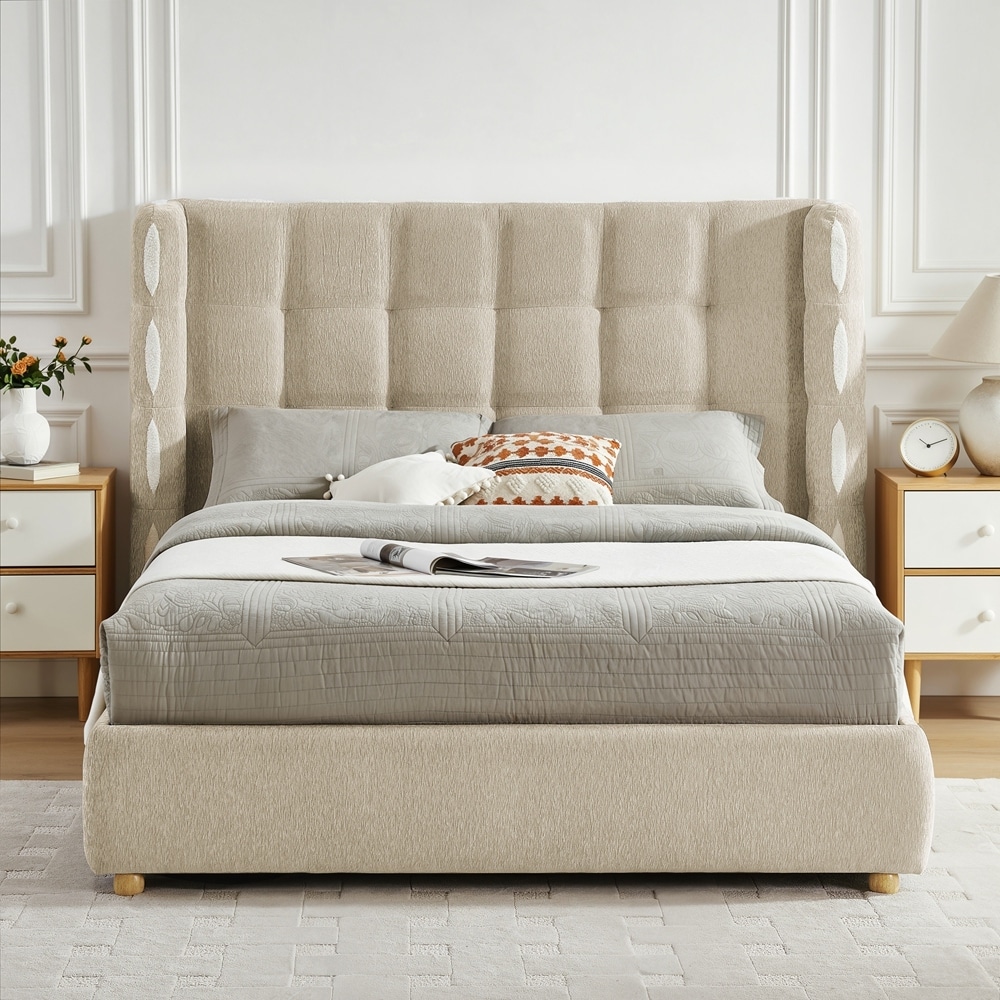 Chenille Upholstered Wingback Waffle Platform Bed with Large Under Bed Storage