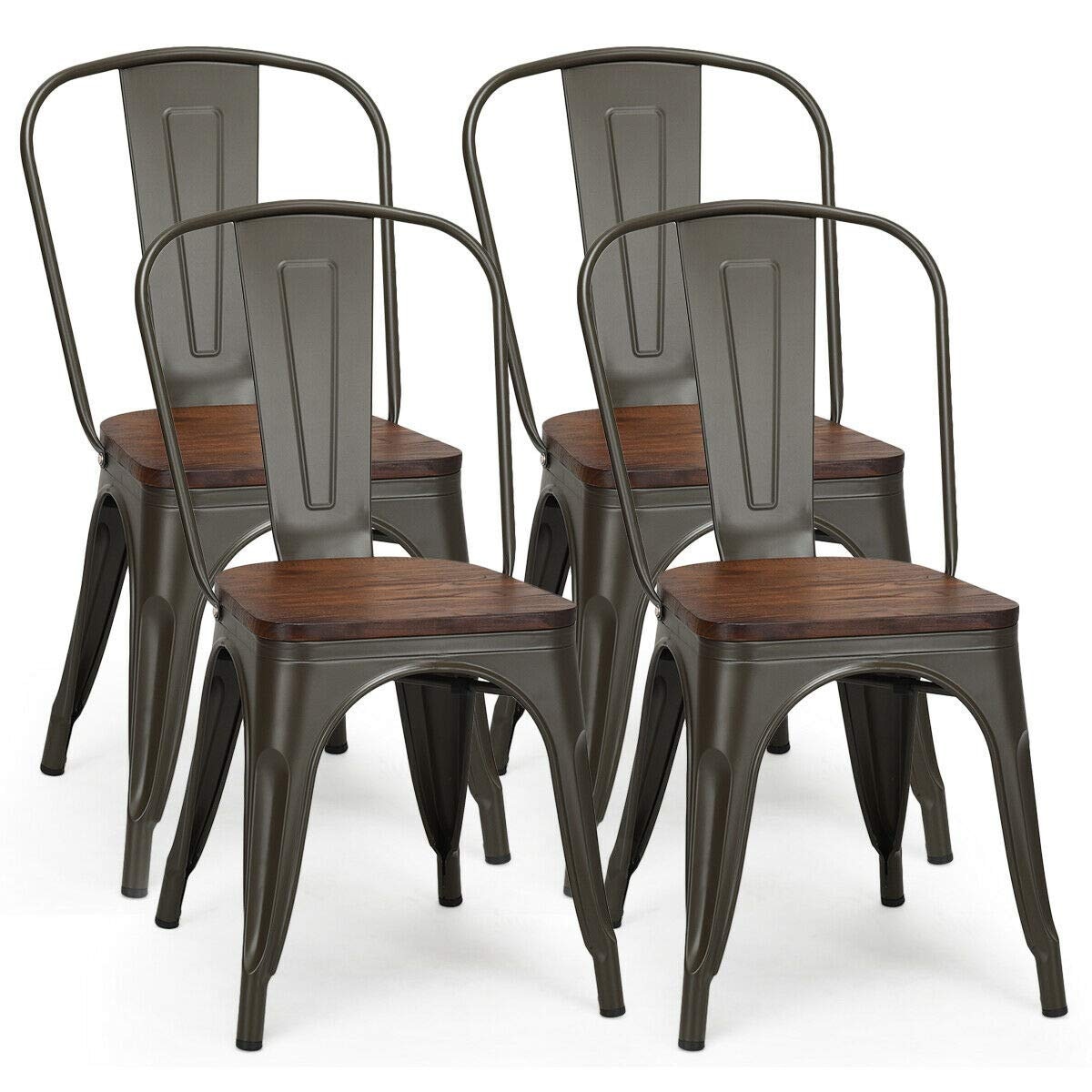 Costway Set of 4 Style Metal Dining Side Chair Wood Seat Stackable - Set of 4