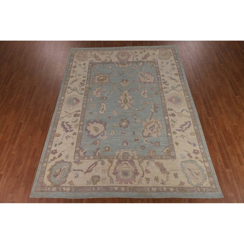 Light Blue Oushak Area Rug Hand-Knotted Vegetable Dye Wool Carpet - 9'1"x 12'2"
