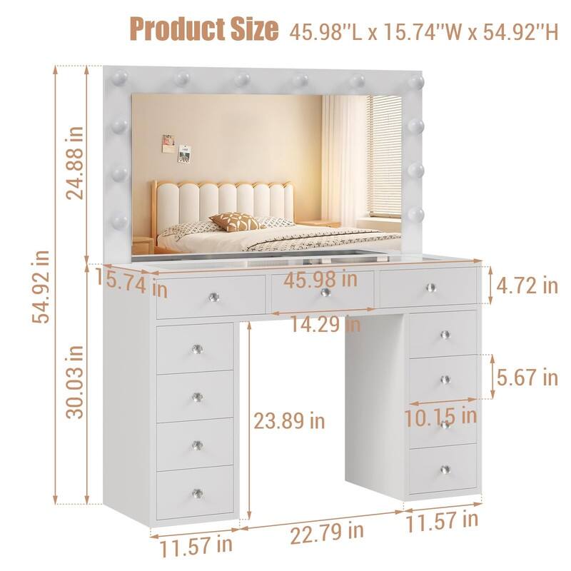 White Vanity with LED Mirror, 11 Drawers, Glass Top & Charging Station