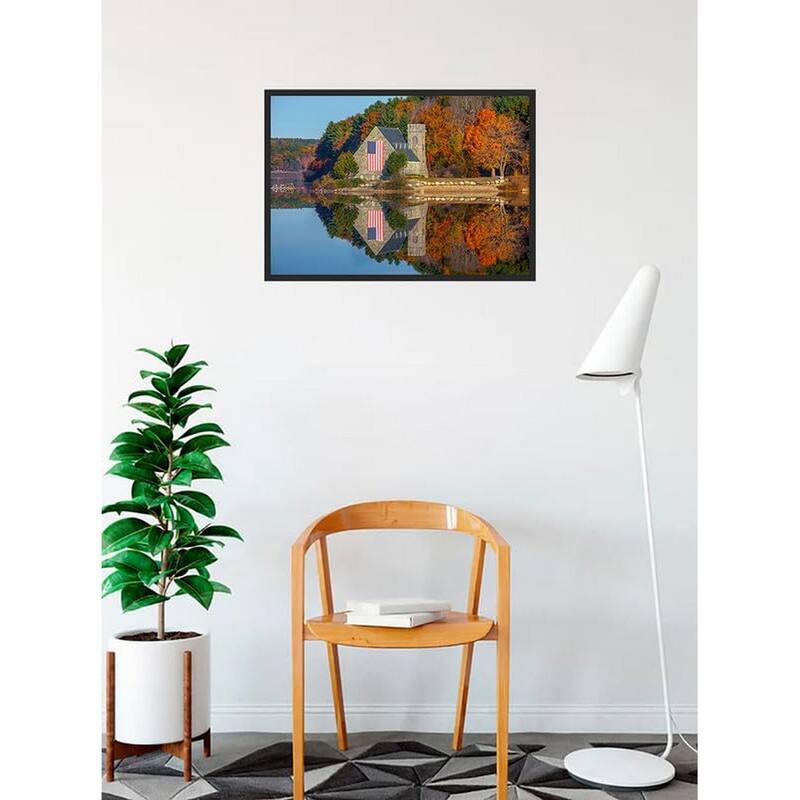 Patriotic Stone Church in The Fall Photography by Wayne Collamore Framed Poster - 18 x 24 Inch