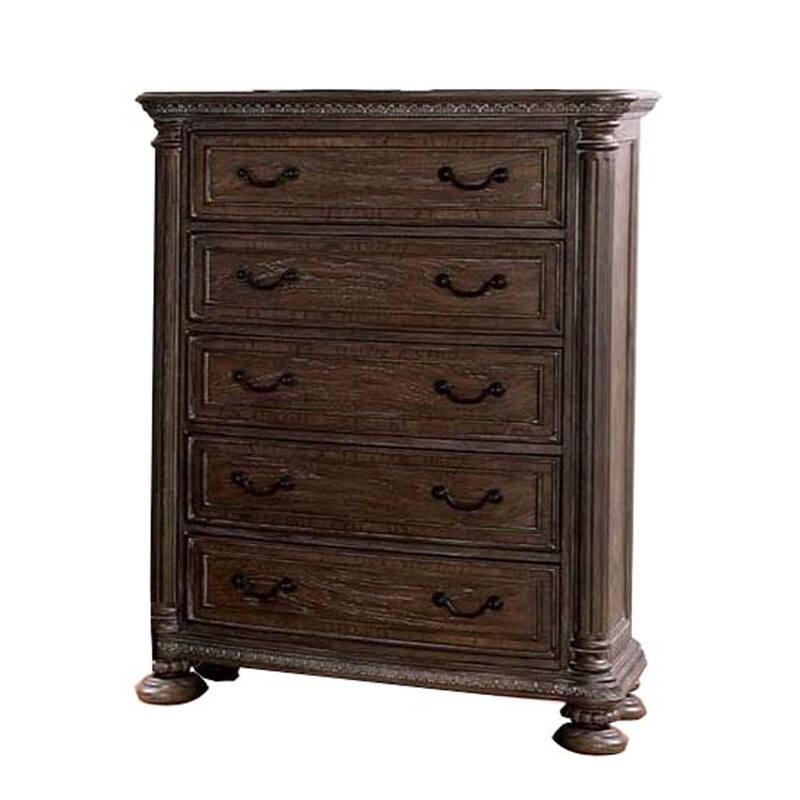 Wooden Chest with 5 Drawers and Intricate Carving Details, Brown