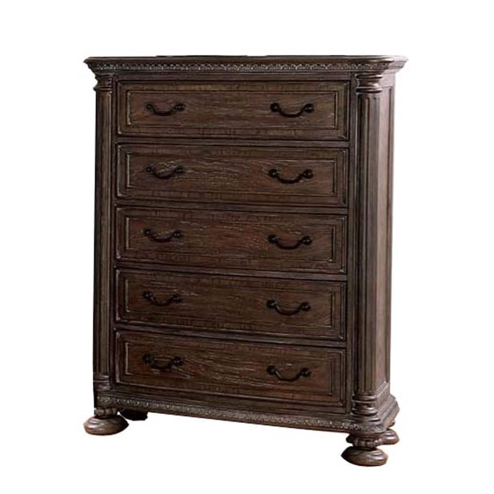 Wooden Chest with 5 Drawers and Intricate Carving Details, Brown