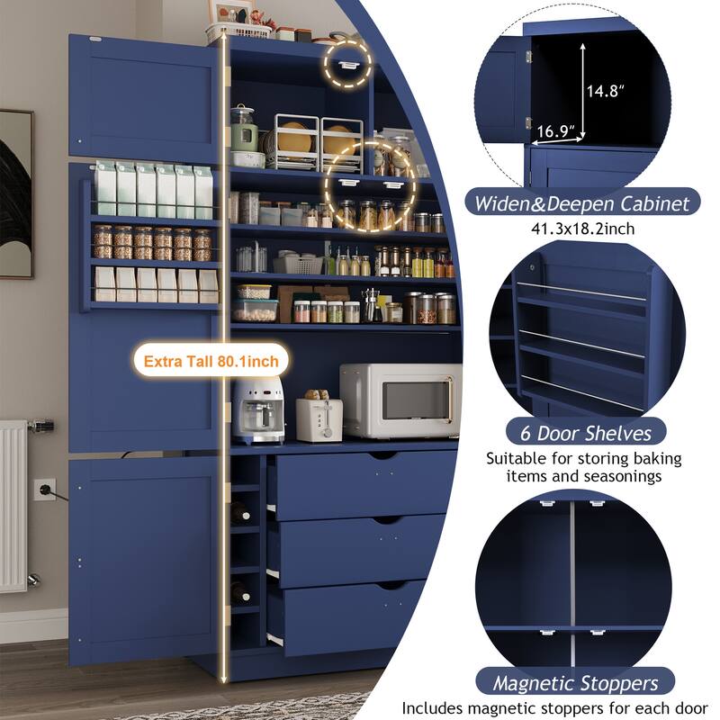 80.1" Tall Freestanding Kitchen Pantry, Shaker Style Cabinet with 2 Power Outlets, Adjustable & Door Shelves