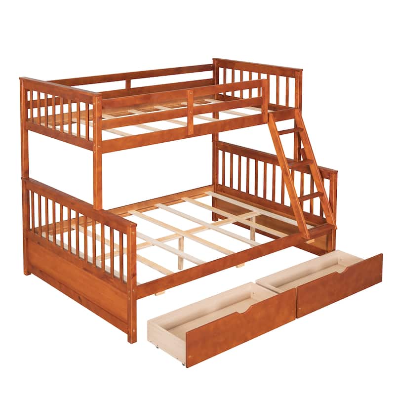 Twin-Over-Full Bunk Bed with Ladders and Two Storage Drawers in Walnut