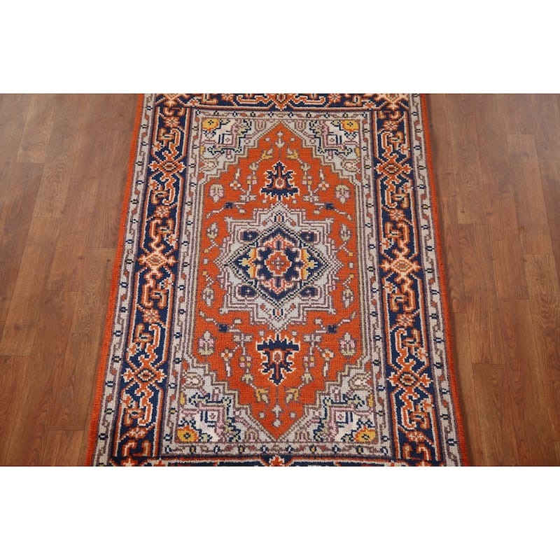 Orange Geometric Heriz Serapi Oriental Accent Rug Handmade Wool Carpet - 2'11"x 4'11"
