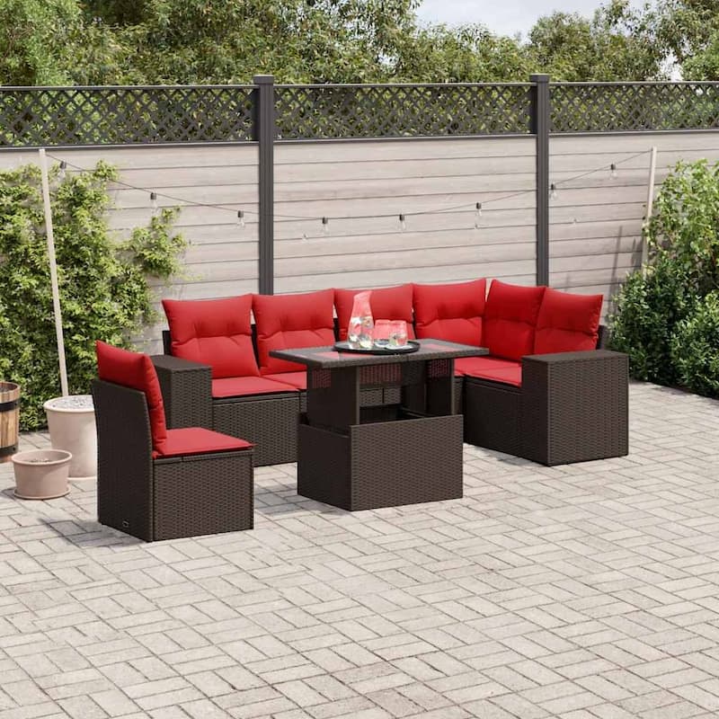 vidaXL Patio Sofa Set with Cushions Table and Couches 7 Piece Poly Rattan - 24.4" x 24.4" x 27.2" - Brown