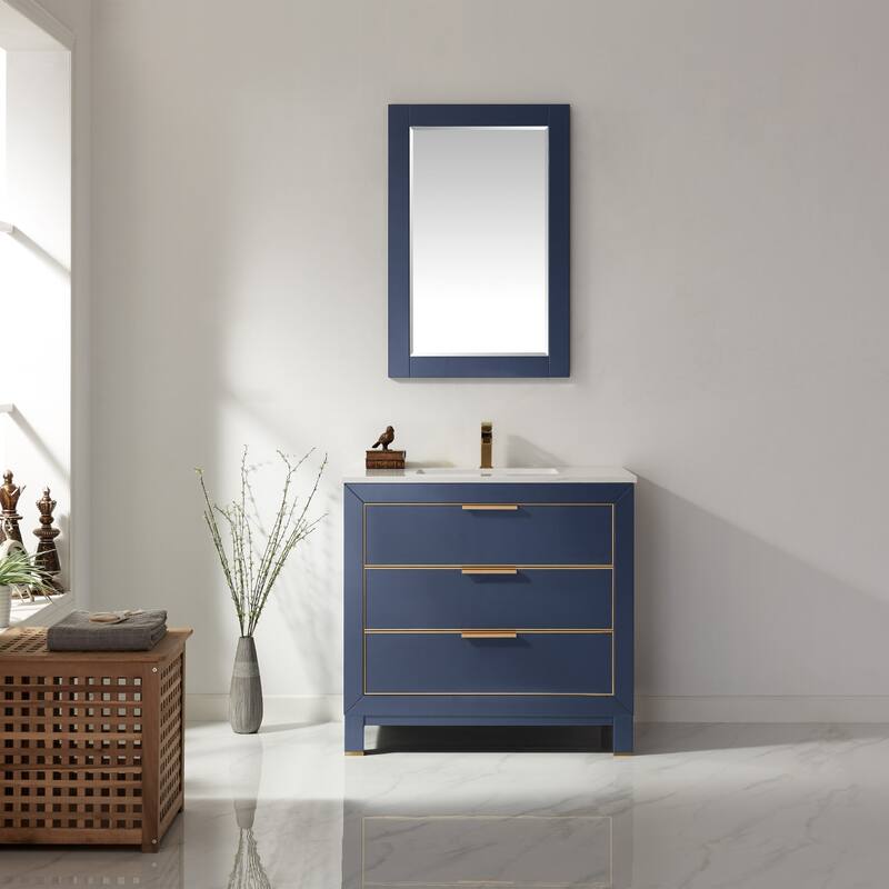 Altair Jackson Double Bathroom Vanity Set, Royal Blue, Aosta White Countertop with Mirror - 36 - 36 - Royal Blue + Brushed Copper Hardware