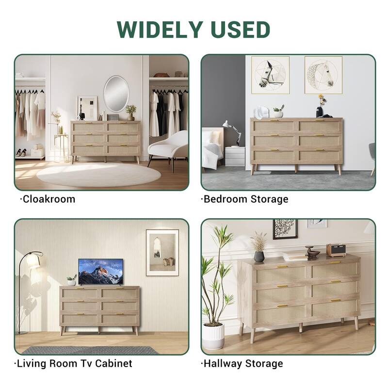 6 Drawer Rattan Dresser, 47.2" x 15.7" x 29.5" Rattan Chest of Dressers, Mid Century Modern Dresser for Closet with Handles