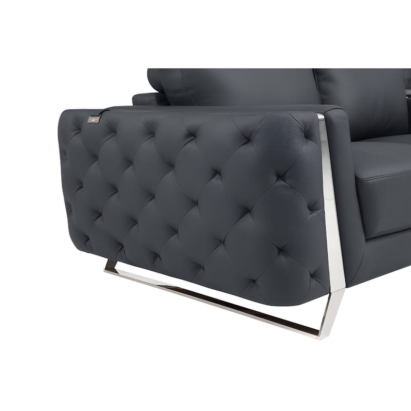HomeRoots 90" Gray Italian Leather Sofa With Silver Legs