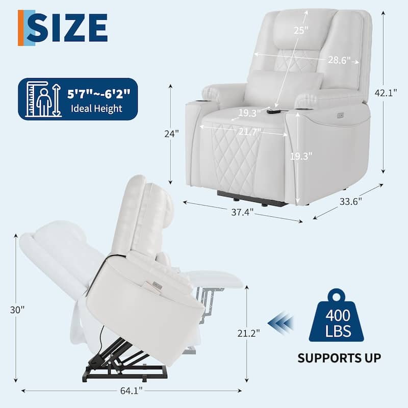 Power Lift Recliner Chair Sofa, PU Leather Reclining with Charging Ports, Cup Holders, Electric Stand Assist