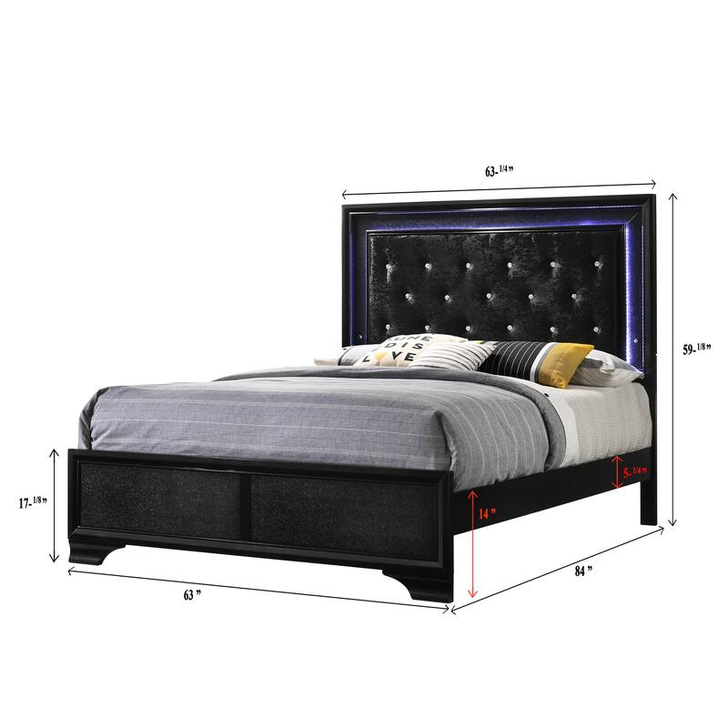 Queen Size LED Panel Bed with Black Finish and Upholstered Headboard