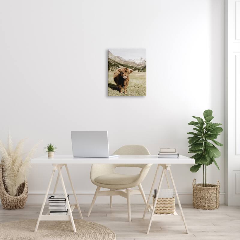 Stupell Countryside Highland Cattle Distant Mountain Longhorn Photograph Canvas Wall Art - Green