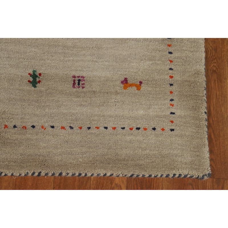 Hand Knotted Oriental 100% Wool Carpet Tribal Animal Pictorial Beige & Ivories Gabbeh Area Rug - 4' 10'' X 2' 9''