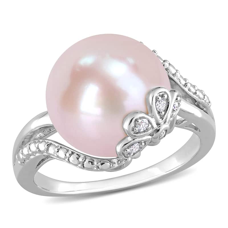 Miadora 12-12.5mm Button-Shaped Pink Cultured Freshwater Pearl and Diamond Accent Flower Split-Shank Ring in Sterling Silver