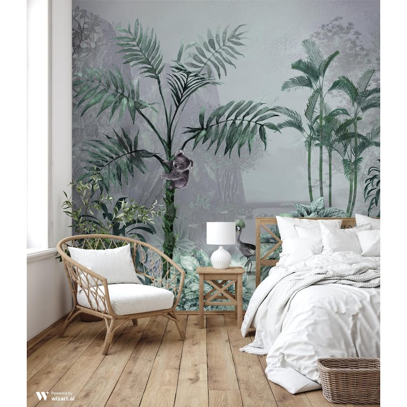 Tropical Forest Wildlife Wallpaper Mural Koala and Crane Jungle Scene