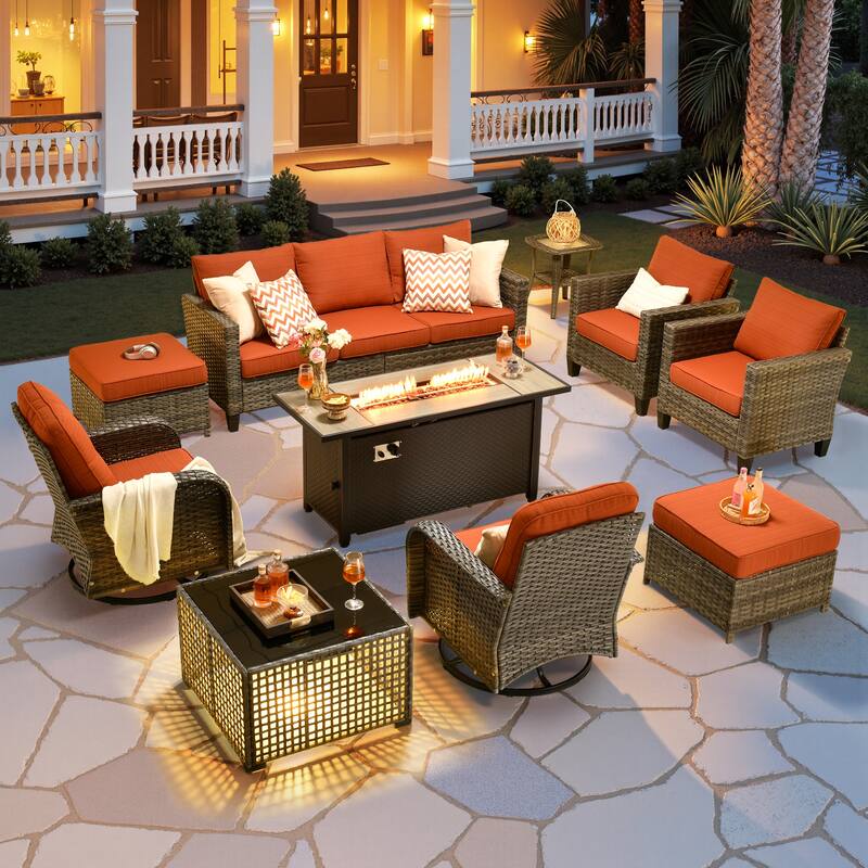 HOOOWOOO 10-piece Patio Furniture Set with Swivel Rocking Chairs Wicker Conversation Set - Red/Orange