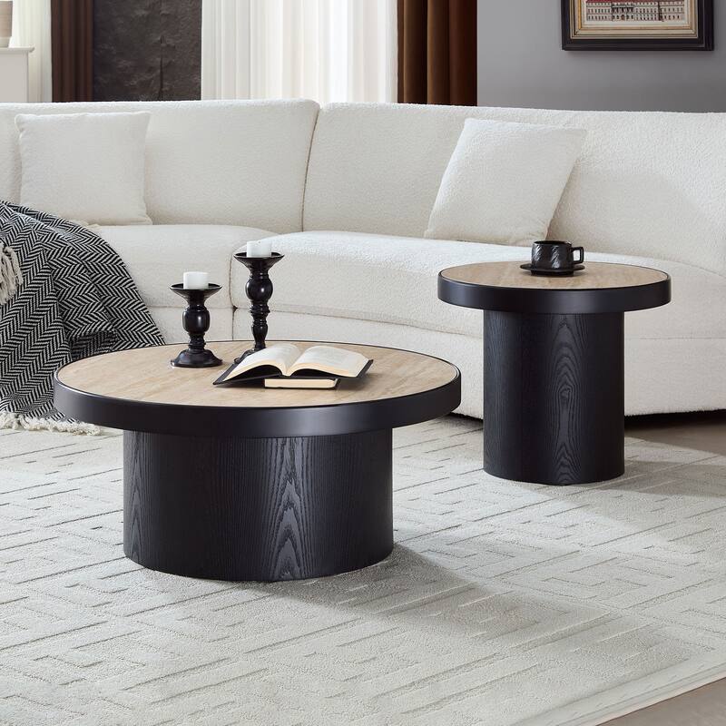 Set of 2 Coffee Table,MDF Round Coffee Table Sintered Stone Tabletop for Living Room