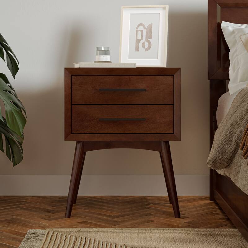 Walnut Solid Wood 2-Drawer Nightstand with Tapered Legs, Sleek Black Handles and Mid-Century Modern Design