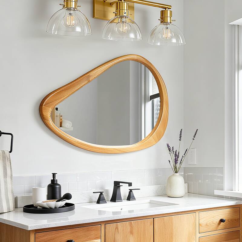Modern Irregular Teardrop Wooden Wall Mirror - Mid-Century Home Decor for Bathroom, Bedroom - Natural Wood